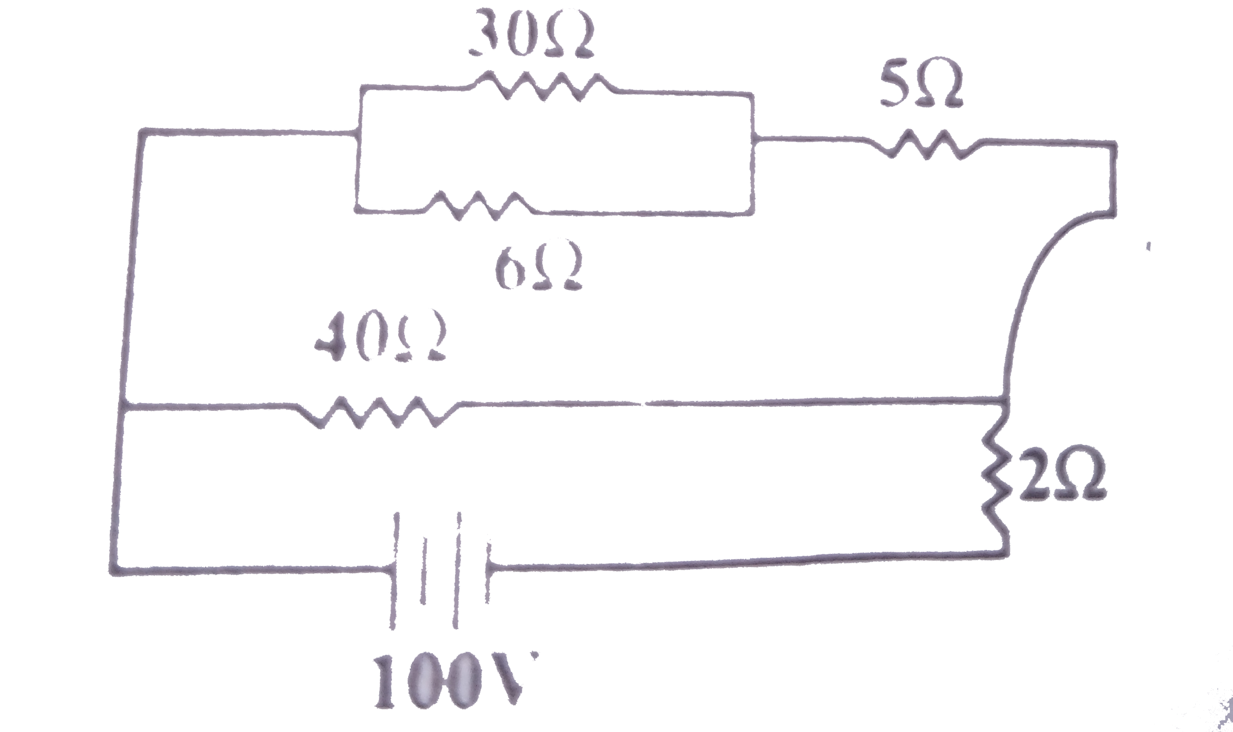 चित्र में दर्शाए अनुसार परिपथ में 100 V की बैटरी संयोजित है। यदि 2Omega के प्रतिरोधक में शक्ति व्यय 200 W हो तो 5Omega के प्रतिरोधक में व्यय शक्ति कितनी होगी?
