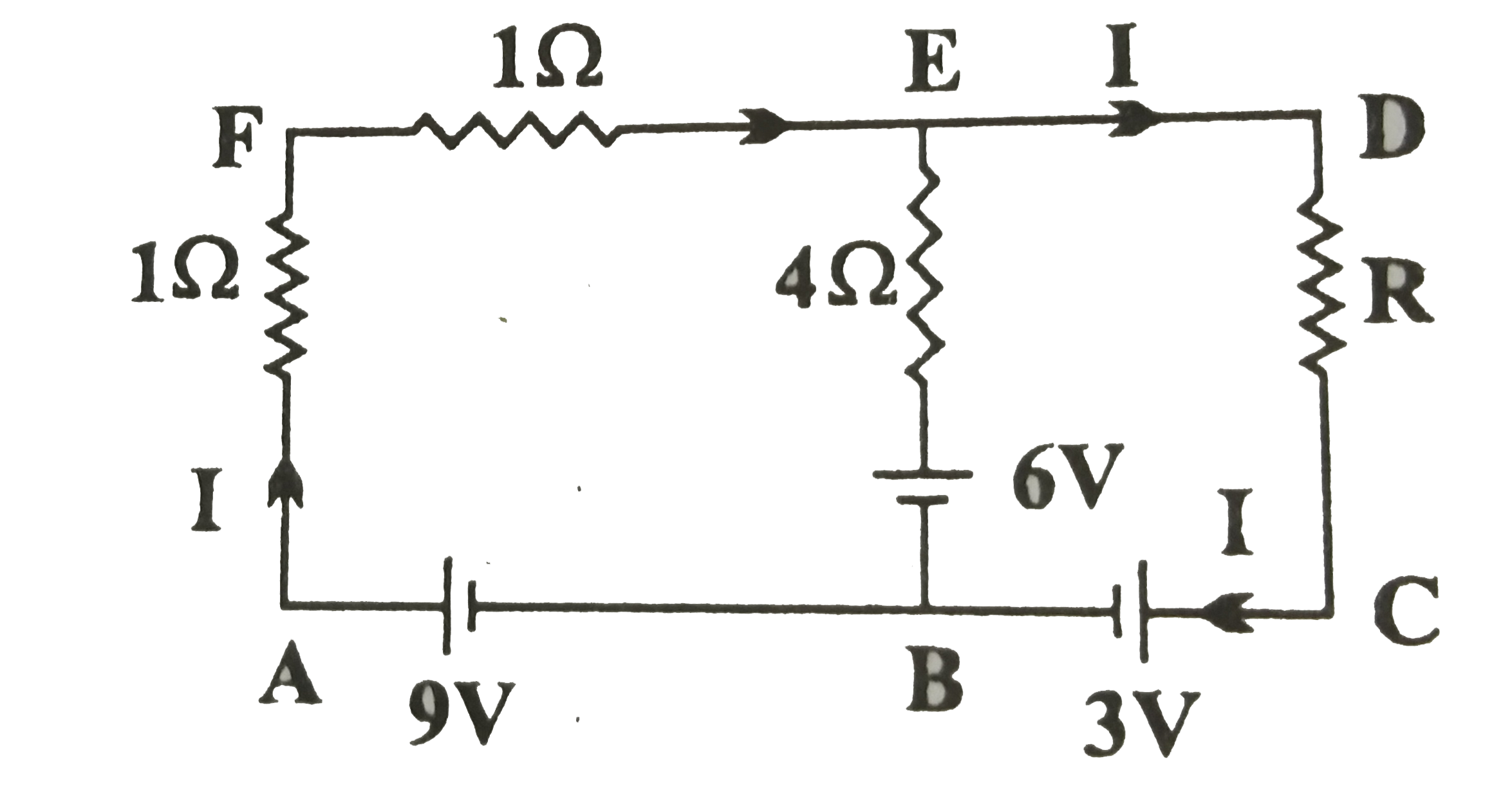 A और D के बीच विभवांतर ज्ञात करने के लिए किरचॉफ के नियमो का उपयोग कीजिए। चित्र में दिखलाए अनुसार विद्युत परिपथ में भुजा BE में कोई धारा प्रवाहित नहीं होती।