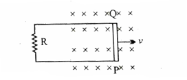 प्रतिरोधक R से जुड़ी हुई। लंबाई की एक चालक छड़PQचित्र में दर्शाए अनुसार एकसमान चुंबकीय क्षेत्र B के अभिलंबवत एकसमान चाल v से चलाई जाती है।   (i) चालक में प्रेरित विद्युत वाहक बल के लिए व्यंजक व्युत्पन्न कीजिए।  (ii) छड़ को चुंबकीय क्षेत्र में चलाने के लिए आवश्यक बल  ज्ञात कीजिए।  (iii) चालक में प्रेरित धारा की दिशा अंकित कीजिए।