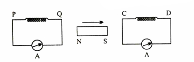 एक छड़ चुंबक को चित्र में दर्शाए अनुसार तीर की दिशा में दो कुंडलियों PQ और CD के बीच चलाया जाता है। प्रत्येक कुंडली में प्रेरित धारा की दिशा का अनुमान लगाइए।