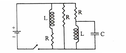 यहाँ दिए गए परिपथ में तीन सर्वसम प्रतिरोधक, दो सर्वसम प्रेरक और एक आदर्श बैटरी जुड़े हैं। प्रत्येक प्रतिरोधक का प्रतिरोध R=9.0Omega प्रत्येक प्रेरक का प्रेरकत्व L= 20mH तथा बैटरी का वि.वा. बल E = 18V है। तब स्विच बंद करने के तुरंत पश्चात् बैटरी से विद्युतधारा I का मान होगा