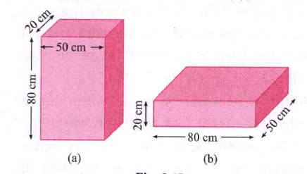 Solve the following example :   Calculate the pressure when the wooden block is kept in the horizontal position with its surface 80 cm xx 50 cm touching the floor.    given : The length of the wooden block is 80 cm, the breadth id 50 cm, the thickness is 20 cm and the weight is 500 N.
