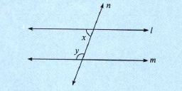In the figure, the value of x is 70^@ then what should be the value of y in order to get line l || line m ?