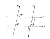 In the figure, line l || line m and line p || line q. Find the measures of  anglea,angleb,anglec and  angled.