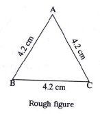 Choose the lengths of the sides yourself and draw one equilateral, one isosceles and one scalene triangle.   Equilateral triangle :   In triangle ABC, l(AB) = l(BC) = l(AC) = 4.2 cm