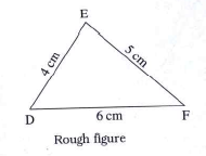 Choose the lengths of the sides yourself and draw one equilateral, one isosceles and one scalene triangle.   Scalene triangle :   In triangle DEF, l(DE) = 4 cm, l(EF) = l(PR) = 5 cm, l(DF) = 6 cm