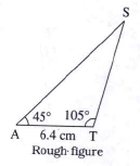 Construct the triangles according to the measures given below :   In triangleSAT, l(AT) = 6.4 cm, mangleA = 45^@, mangleT = 105^@