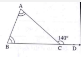angle ACD is the exterior angle of DeltaABC. The measures of angle A and angleB are equal. If mangleACD=140^@, find the measures of angleA and angleB