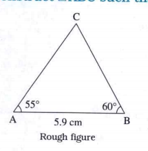 Construct delta ABC such that m angle A = 55^@ , m angle B = 60^@ and l (AB) = 5.9 cm.