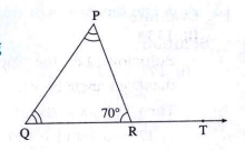 In Delta PQR, the measure of angle P and angle Q are equal. m angle PRQ = 70^@ Find the measures of the following angles.   angle P.