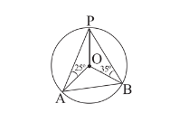 পাশের O কেন্দ্রীয় বৃত্তের ছবিটি দেখি এবং angleOAB -এর মান হিসাব করে লিখি যখন angleOAP=25^@ এবং angleOBP=35^@।