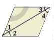 In the adjacent figures, If angle1 = angle3, angle2 = angle4 and angle3 = angle4 write the relations between angle1 and angle2 using an Euclid's postulate.