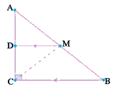 ABC is a triangle right angled at C. A line through the midpoint M of hypotenuse AB and Parallel to BC intersects AC at D. Show that   (i) D is the midpoint of AC   (ii) MD|AC   (iii) CM=MA=(1)/(2)AB.