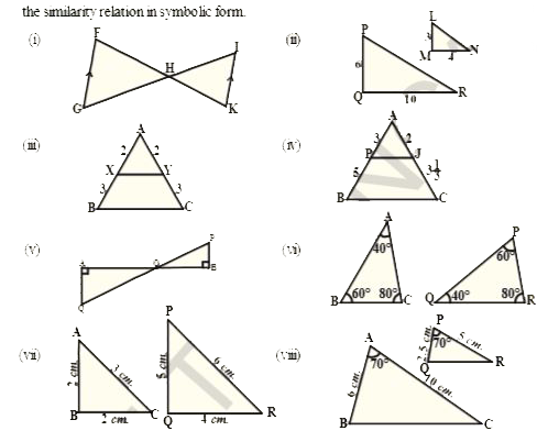 Are triangles formed in each figure similar?  If so, name the criterion of similarity.  Write the similarity relation in symbolic form.