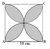 Find the area of the shaded region in the adjacent figure, where ABCD is a square of side 10cm and semicircles are drawn with each side of the square as diameter (usepi=3.14)