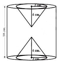 In the adjacent figure, the height of a solid cylinder is 10 cm and diameters is 7 cm . Two equal conical holes of radius 3 cm  and height 4 cm are cut off as shown the figure. Find the volume of the remaining solid.