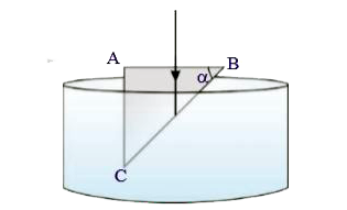 A rectangle glass wedge (prism) is immersed in water as shown in figure E-a. For what value of angle alpha, will the beam of light, which is normally incident on AB, reach AC entirely as shown in figure E-b. Take the refractive index of water as 4/3 and the refractive index of glass as 3/2.