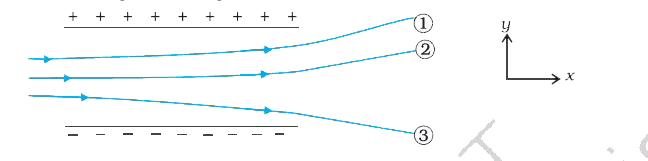 Track  of three charged  particles  in a uniform electroastatic field give the sign of the three charges which particle has the highest charge to mass ratio