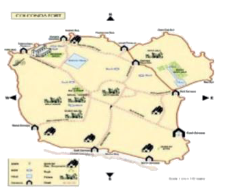 Look carefully at the map of Golconda. On the   map, arrows show all the four directions.      How many gates can you see on the outer walls of the fort?