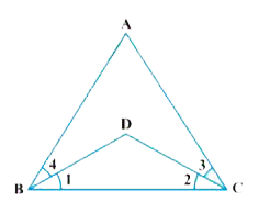 निम्नलिखित में से प्रत्येक प्रश्न को उपयुक्त यूक्लिड की अभिगृहीत का प्रयोग करते हुए, हल कीजिए:    आकृति में, /ABC = /ACB और /3= /4 है। दर्शाइए कि /1 = /2 है।