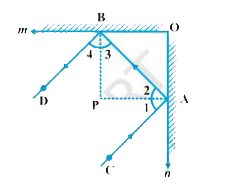 आकृति में, m और n दो समतल दर्पण हैं जो परस्पर लंब हैं। दर्शाइए कि आपतित किरण CA परावर्तित किरण BD के समांतर है।