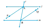APऔर BQ उन दो एकांतर अंत:कोणों के समद्विभाजक हैं जो समांतर रेखाओं l और m के तिर्यक रेखा t द्वारा प्रतिच्छेद से बनते हैं (आकृति)। दर्शाइए कि AP || BQ है।