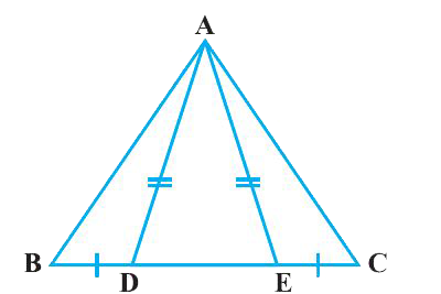 आकृति में, D और E त्रिभुज ABC की भुजा BC पर दो बिंदु इस प्रकार स्थित है कि BD = CE और AD = AE है। दर्शाइए कि Delta ABD ~= Delta ACE  है।