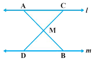 आकृति में,  l||m  है तथा M रेखाखंड AB का मध्य - बिंदु है। दर्शाइए कि M किसी भी रेखाखंड CD का मध्य - बिंदु है। जिसके अंतः बिंदु क्रमशः l और m पर स्थित है।