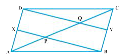 आकृति  में, X और Y क्रमश: समांतर चतुर्भुज ABCD की सम्मुख भुजाओ AD और BC के मध्य -बिंदु है।  साथ ही, BX और DY क्रमश: AC को P और Q पर प्रतिच्छेद करते है । दर्शाइए कि AP=PQ=QC है।