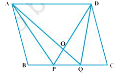 आकृति में, ABCD एक समांतर चतुर्भुज है। बिंदु P और Q भुजा BC को तीन बराबर भागो में विभाजित करते है। सिद्ध कीजिए कि ar(APQ)=ar(DPQ)=(1)/(6)ar(ABCD) है।