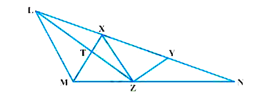 X और Y त्रिभुज LMN की भुजा LN पर स्थित दो बिंदु इस प्रकार है कि LX=XY=YN है। X से होकर जाती हुई एक रेखा LM के समांतर खींची गई जो MN को Z पर मिलती है।  सिद्ध कीजिए कि ar (LZY) = ar (MZYX) है।