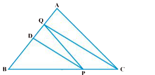 DeltaABC, D भुजा AB का मध्य-बिंदु है तथा P भुजा BC पर स्थित कोई बिंदु है। यदि रेखाखण्ड CQ||PD भुजा AB से Q पर मिलता है, तो सिद्ध कीजिए कि ar (BPQ) = (1)/(2) ar (ABC) है।