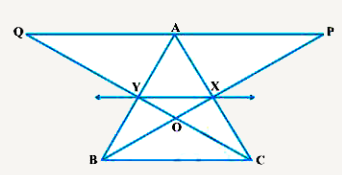 आकृति में, X और Y क्रमशः AC और AB के मध्य-बिंदु है, QP||BC और CYQ और BXP सरल रेखाएँ है। सिद्ध कीजिए कि ar (ABP) = ar (ACQ) है।
