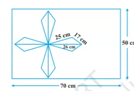50 cm x 70 cm विमाओं वाली एक आयताकार टाइल पर, आकृति में दर्शाए अनुसार एक डिजाइन बनाया जाता है। इस डिजाइन में 8 त्रिभुज हैं, जिनमें से प्रत्येक की भुजा 26 cm, 17 cm और 25 cm की हैं। डिजाइन का पूर्ण क्षेत्रफल ज्ञात कीजिए तथा टाइल के शेष भाग का क्षेत्रफल भी ज्ञात कीजिए।