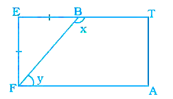 एक खेल का मैदान एक आयत ATEF के रूप का है। दो खिलाड़ी बिंदु F और B पर खड़े हैं, जहाँ EF=EB है। x और y के मान ज्ञात कीजिए।
