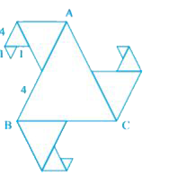 आकृति में सभी त्रिभुज समबाहु हैं और AB = 8 इकाई है| अन्य त्रिभुज भुजाओं के मध्य बिंदुओं को लेकर बनाए गए हैं| आकृति का परिमाप क्या है ?