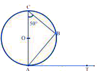 ABएक वृत्त की जीवा है तथा AOC वृत्त का व्यास इस प्रकार है कि angle ACB = 50^(@)  है। यदि AT बिंदु A पर वृत्त की स्पर्श रेखा है, तो angle BAT  बराबर है