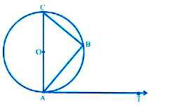 यदि केंद्र O वाले वृत्त की AB एक जीवा है, AOC एक व्यास है तथा AT बिंदु A पर खींची गई स्पर्श रेखा है, जैसा कि आकृति सिद्ध कीजिए कि angle BAT = angle ACB  है।