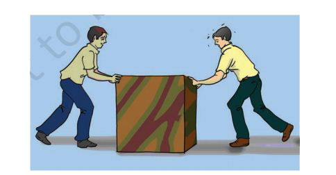 चित्र में दो लड़कों को एक बक्से को धकेलते हुए दिखलाया गया है। यदि प्रत्येक लड़का एक जैसा बल लगाये तो क्या बक्से पर कोई घर्षण बल लगेगा?