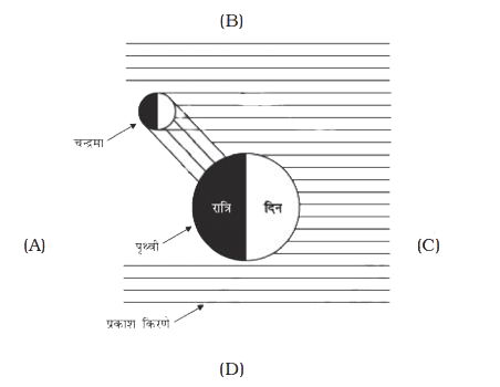 दिए गए चित्र  में A, B, C तथा D द्वारा दिखाई गई स्थितियों में से सूर्य की स्थिति क्या होगी?