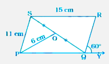 In parallelogram PQRS, O is the mid point of SQ. Find angleS, angleR, PQ, QR and diagonal PR.