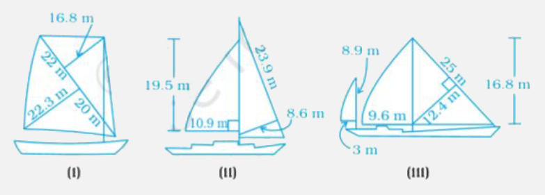 Most of the sailboats have two sails, the jib and the mainsail. Assume that the sails are triangles. Find the total area of each sail of the sail boats to the nearest tenth.