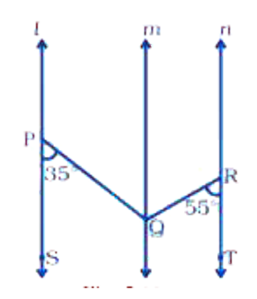 In Fig. 5.38, l ||m||n. angleQPS = 35^(@)  and   angleQRT = 55^(@). Find  anglePQR.
