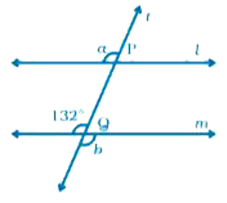 In Fig. 5.55, l ||m and a line t intersects these lines at P and Q, respectively. Find the sum 2a + b.