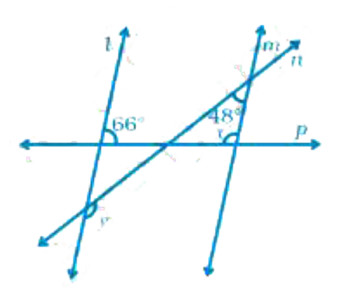In Fig. 5.60, two parallel lines l and m are cut by two transversals n and p. Find the values of x and y.