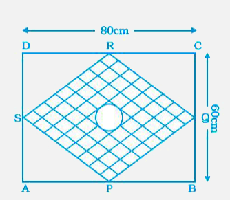 ABCD is a given rectangle with length as 80 cm and breadth as 60 cm. P. G. R, S are the mid points of sides AB, BC, CD, DA respectively. A circular rangoli of radius 10 cm is drawn at the centre as shown in Fig. 9.69. Find the area of shaded portion.