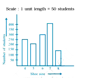 The following bar graph represents the data for different sizes of shoes worn by the students in a school. Read the graph and answer the following questions.      What is the number of students wearing shoe size 6?