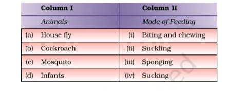 Match the animals in Column I with their mode of feeding listed in Column II