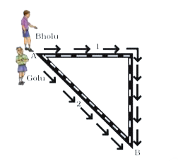 Bholu and Golu are playing in a ground. They start running from the same point A in the ground and reach point B at the same time by following the paths marked 1 and 2 respectively as shown in Fig. Which of the following is/are true for the given situation.      As  compared to Golu, Bholu covers a