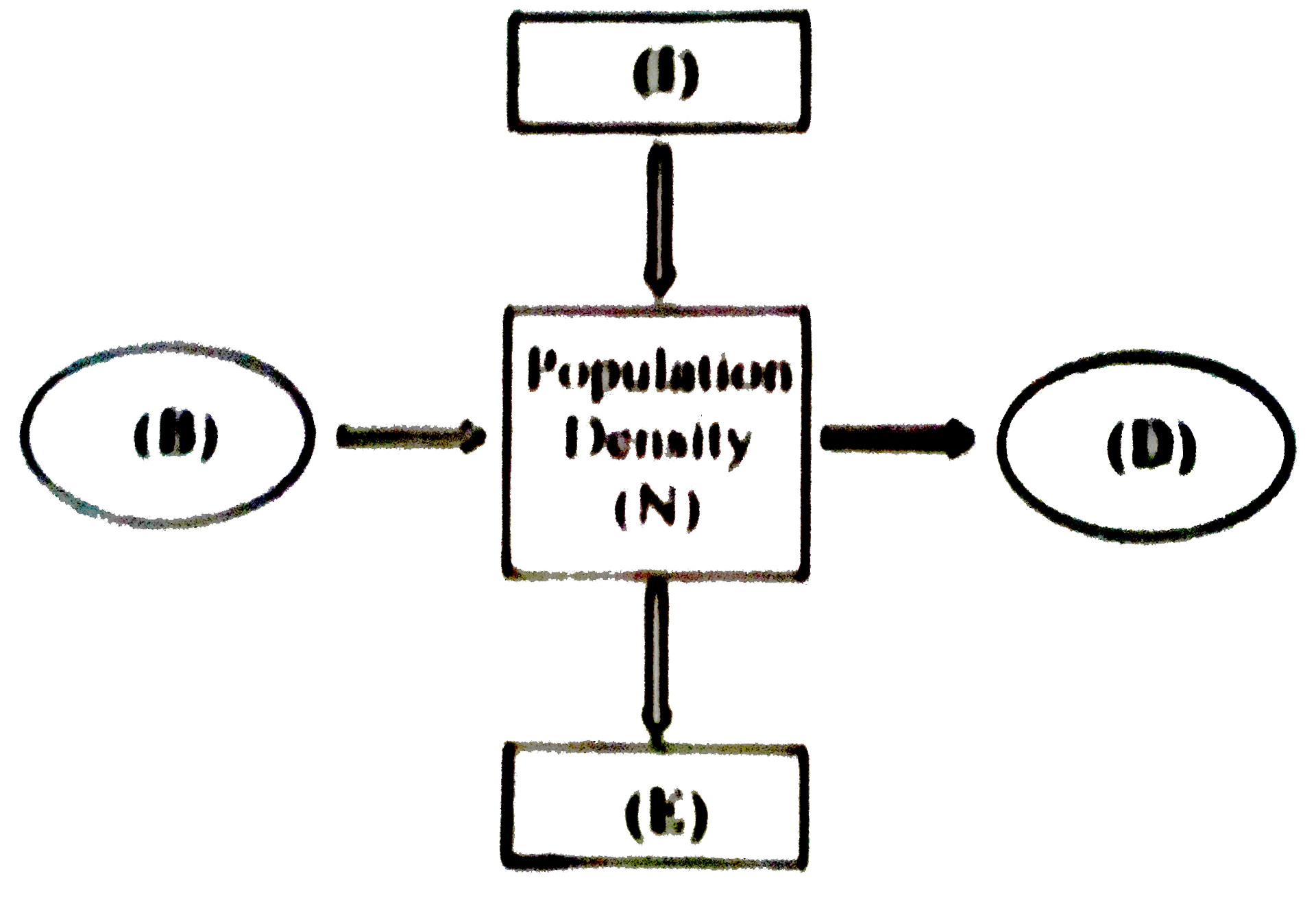 The given figure represents different factors affecting population density (N). If B = natality D = mortality ,E =emigration and I =  immigration, then select the incorrect option regarding these.